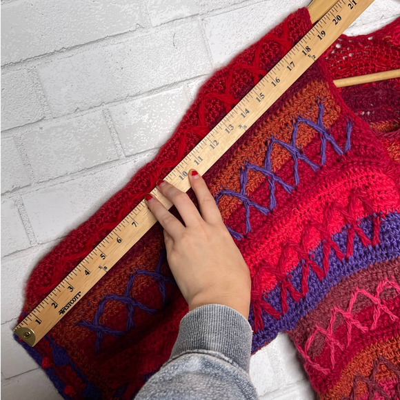 VINTAGE 60s XS Mod HAND KNIT Sweater Mini Dress $380 WOOL Puff Sleeves Red Blue - Picture 15 of 15